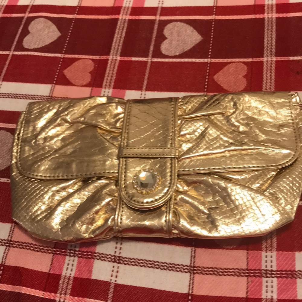 Gold metallic snake print clutch